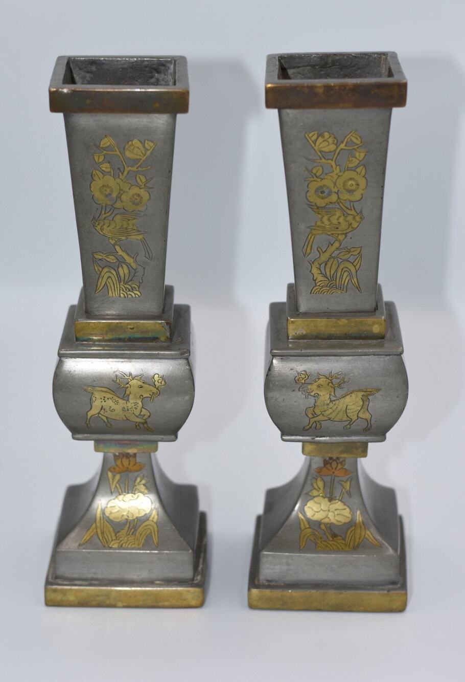 Chinese Pewter & Brass Temple Alter Candlesticks Joss Stick Holder Garniture